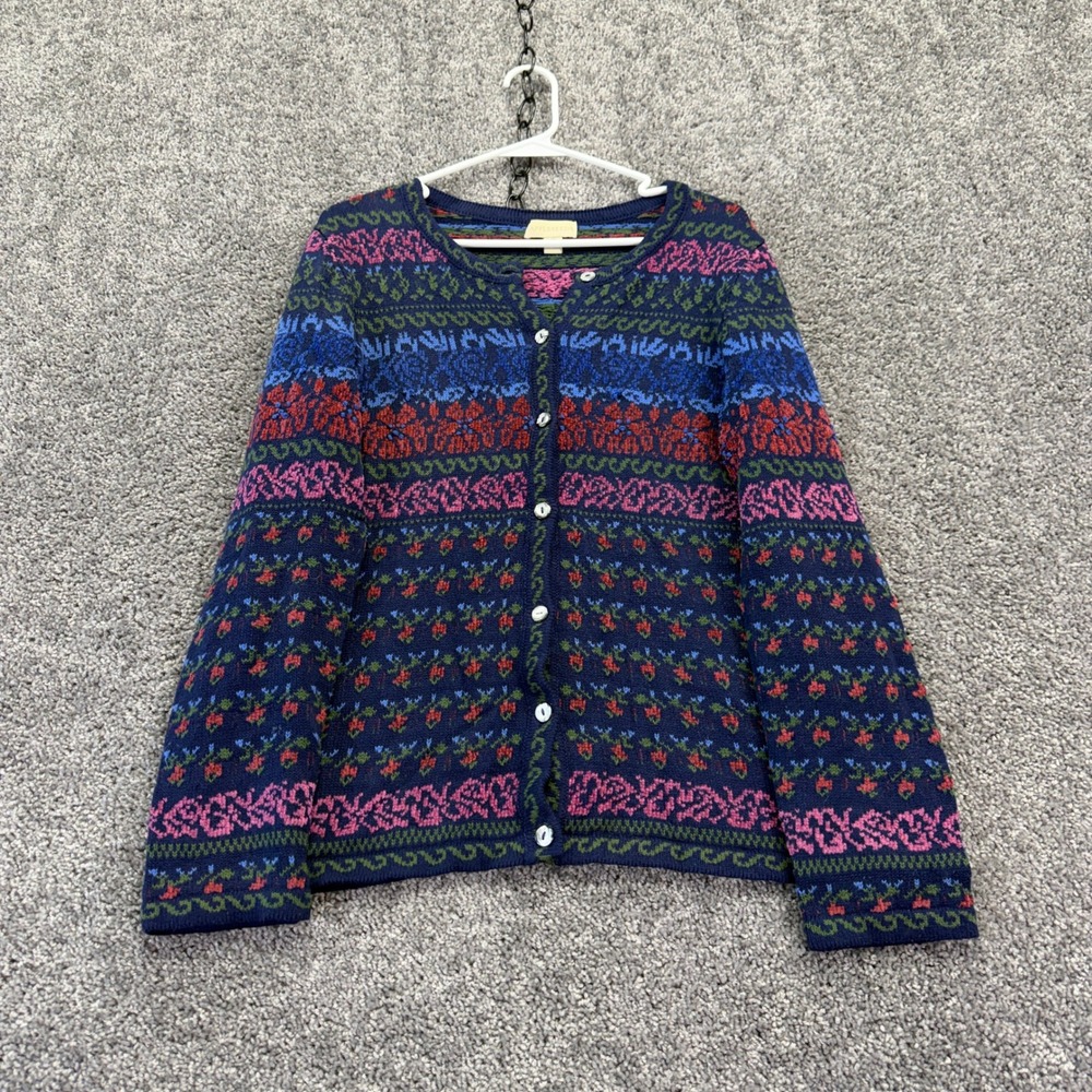 Appleseeds Cardigan Womens Medium Navy Blue Floral Fair Isle Cotton Knit Sweater